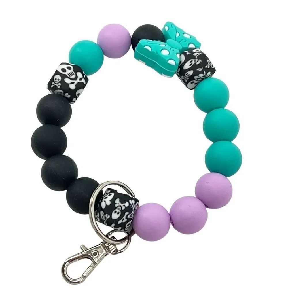 Keychain bracelet wristlet silicone beaded skull minnie bow rockabilly NEW handm
